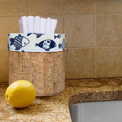 Reusable Paper Towel Set/Towels & Reversible Cork Fabric Basket/American Made/Machine Washable/Absorbent and Durable Edges and No Pilling (Fish & Cork Basket, 6 Cloths)
