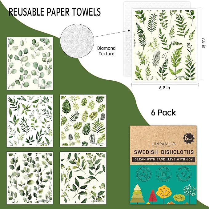 Swedish Dishcloths Reusable Paper Towels 6 Pack, Super Absorbent Washable Kitchen Towels, Biodegradable Quick Drying Dishwasher Safe, Watercolor Design Cleaning Cloths for Any Surface(Green Grass) ﻿