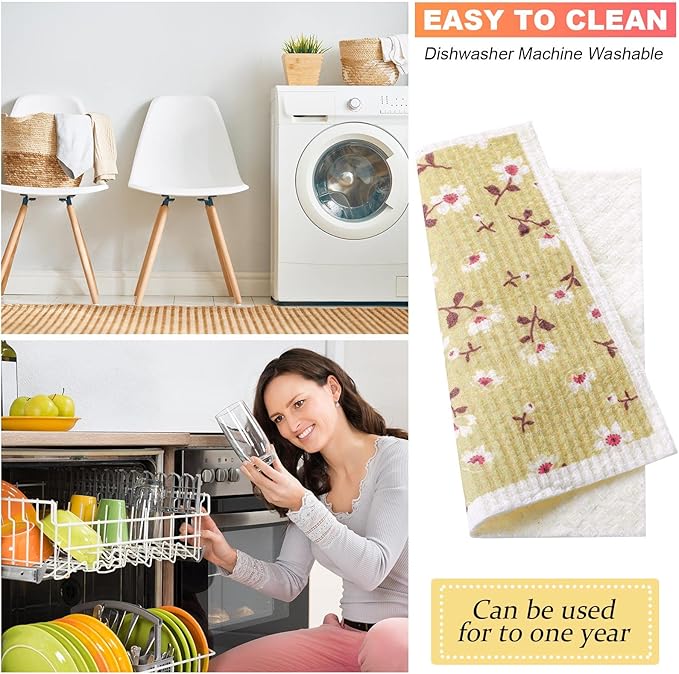 CHENGU 6 Pcs Swedish Kitchen Dish Towels Kitchen Cloth Absorbent Quick Drying Cloths Reusable Dishcloth Small Cleaning Rag for Counter(Flowers Leaves Patterns)
