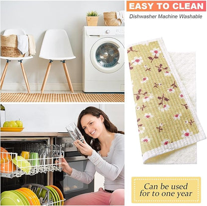 CHENGU 6 Pcs Swedish Kitchen Dish Towels Kitchen Cloth Absorbent Quick Drying Cloths Reusable Dishcloth Small Cleaning Rag for Counter(Flowers Leaves Patterns)