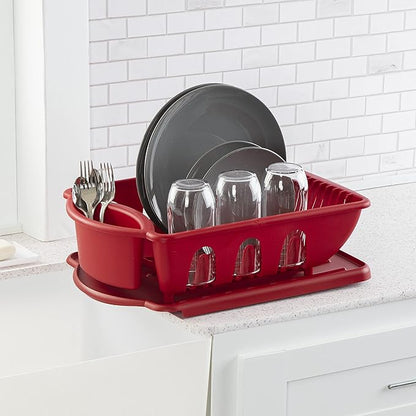 Sterilite 2 Piece Sink Set, With Drainboard for Drying, Holds Clean Dishes in the Kitchen such as Plates, Cups, Bowls, and Silverware, Red, 6-Pack