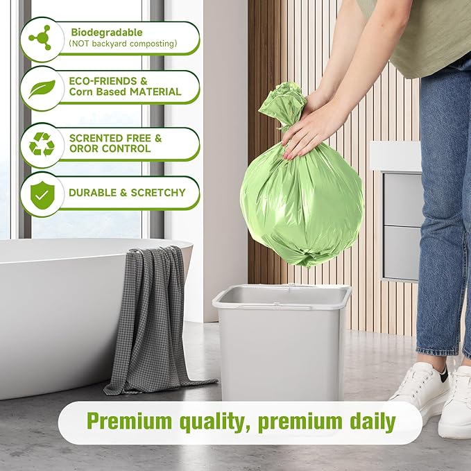 Rishipahu Small Trash Bags 4-6 Gallon Biodegradable, 110 Count Small Garbage Bags, Unscented & Leakage-Proof, Easy Tearing Bathroom Trash Bags for Bathroom, Office, Bedroom, Kitchen, Green