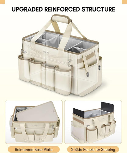 Ytonet Cleaning Caddy Bag with Detachable Apron, Extra Large Cleaning Supplies Organizer with Foldable Dividers, Portable Cleaner Tote with Handle, Cleaner Caddy for Kitchen, Detailing Bag, Apricot