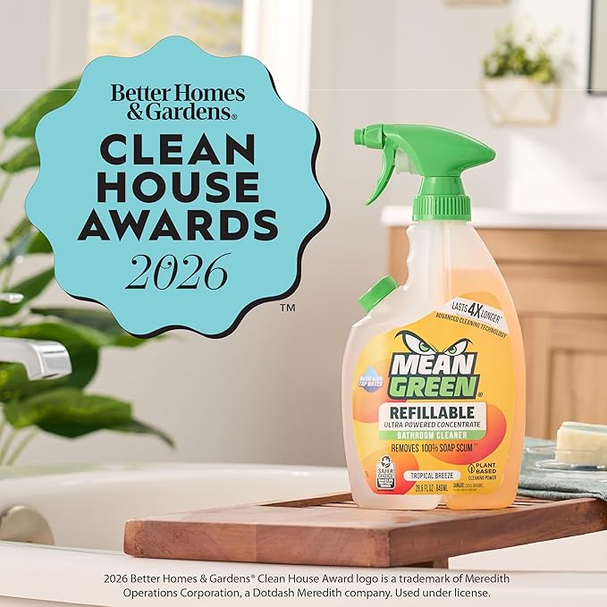 Mean Green Refillable Ultra Powered Bathroom Cleaner Concentrate, Tropical Breeze, 14.3 fl oz – Plant & Mineral Based, Removes 100% of Soap Scum, Refillable Bottle Makes 4X Refills
