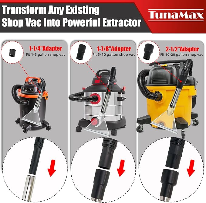 TunaMax Universal Work with All Shop Vacs Clear Extractor Attachment with 1-1/4" & 1-7/8" & 2-1/2" Adapters for Upholstery & Carpet Cleaning & Auto Detailing