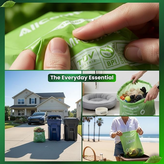 Compostable Trash Bags, 13 Gallon - Smart MultiBin Set 50 Count, Super Strong 0.9 Mil Leak Proof, BPI & OK Compost HOME Certified, ASTM D6400 -AllCompost