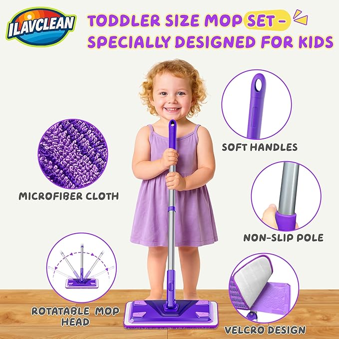 2 Set Toy Mop for Kids - Toddler Real Spray Flat Floor Mop Montessori Cleaning Toy Set, Educational and Fun Gifts for Boys and Girls Ages 4+