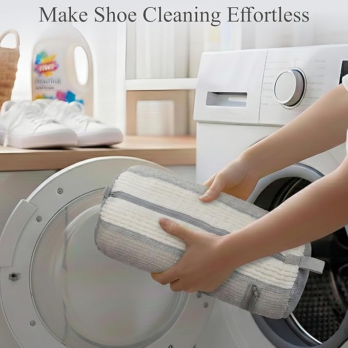 Shoe Washing Machine Bag, 2 Pcs Reusable Laundry Shoe Bag for Washer and Dryer, 360 Deep Cleaning Sneaker Washing Bag with Zipper, Mesh Pockets and Hanging Strip, Fits All Shoe Types & Sizes, Cream