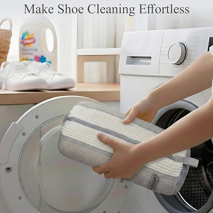Shoe Washing Machine Bag, 2 Pcs Reusable Laundry Shoe Bag for Washer and Dryer, 360 Deep Cleaning Sneaker Washing Bag with Zipper, Mesh Pockets and Hanging Strip, Fits All Shoe Types & Sizes, Cream