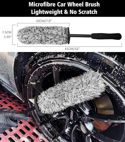 YeewayVeh 4Pack Car Wheel Cleaning Kit, Bendable Wheel Brush and Microfiber Rim Cleaner Brush, Tire Brush and Car Detailing Brush, Soft & No-Scratch Car Wheel Rim Brush Set for All Wheel Types, Red