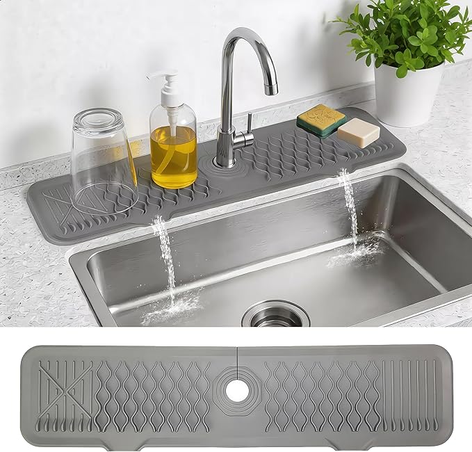 Silicone Faucet Mat for Kitchen Sink, Draining Mat Water Splash Guard for Kitchen & Bathroom (Gray, 24"x5.6")