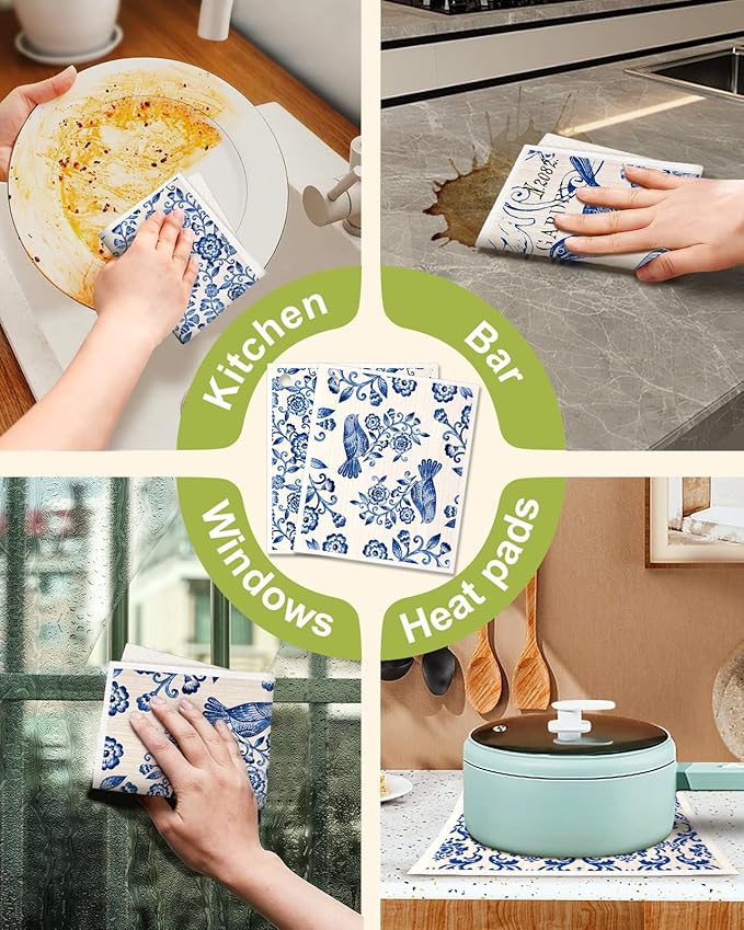 Miss Adola Swedish Dishcloths for Kitchen - Elegant 8 Pack Compostable Patterned Cotton Dish Cloths Absorbent Swedish Paper Towels Reusable Kitchen Dish Towels, Blue and White Ceramic Style