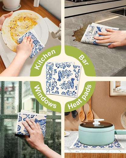 Miss Adola Swedish Dishcloths for Kitchen - Elegant 8 Pack Compostable Patterned Cotton Dish Cloths Absorbent Swedish Paper Towels Reusable Kitchen Dish Towels, Blue and White Ceramic Style