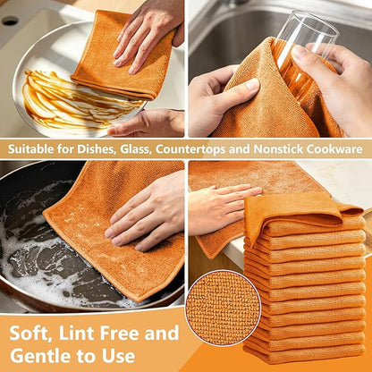 Kitchen Dish Cloths, 12 Pack, 10 x 10 Inches, Super Absorbent Kitchen Towels, Soft Lint Free Reusable Dish Cloths for Nonstick Cookware, Counters and Sink, Orange