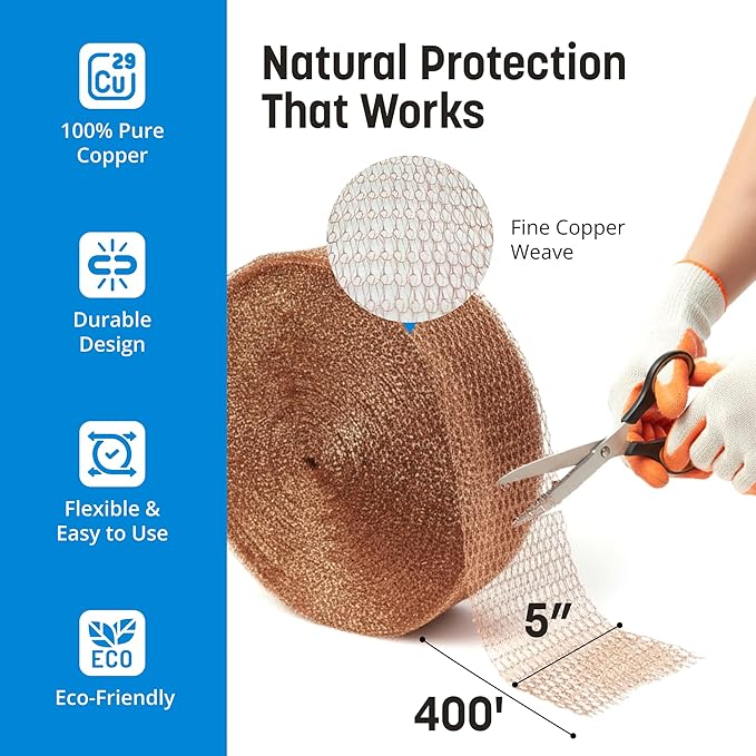 Coldbreak Copper Mesh Rodent Control – 5" x 400' Rustproof Copper Wool Roll for Wall Hole Filler, Rodent Control, Bat & Snail Blocker – Perfect for Hole Sealing, Gardening & Water Pipe Openings