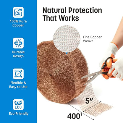 Coldbreak Copper Mesh Rodent Control – 5" x 400' Rustproof Copper Wool Roll for Wall Hole Filler, Rodent Control, Bat & Snail Blocker – Perfect for Hole Sealing, Gardening & Water Pipe Openings