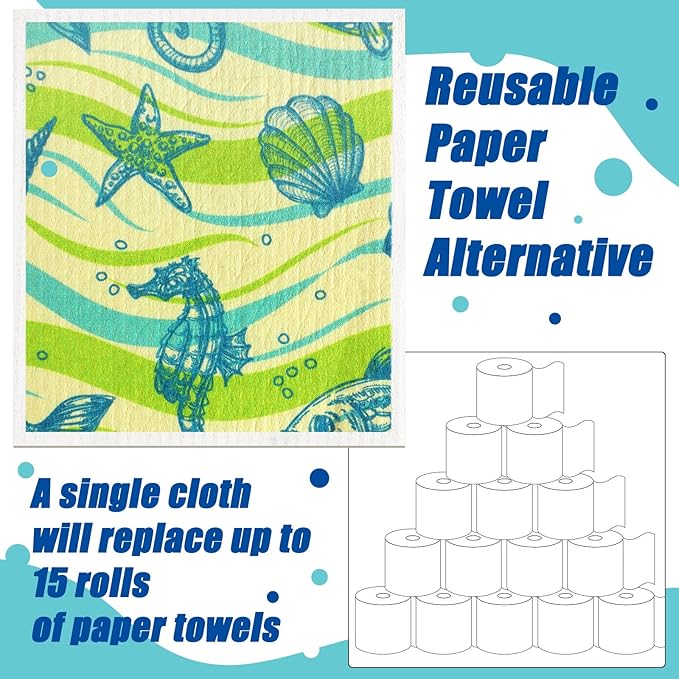 Remagr 6 Pcs Swedish Kitchen Dish Towels Kitchen Cloths Reusable Sponge Cleaning Cloths Absorbent Dish Cloth Quick Drying Washable Cleaning Wipes No Odor Hand Towel (Ocean)