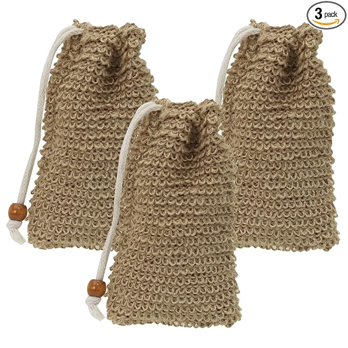 3pcs Soap Bag Net Pouch Saver Pocket Soap Lifting Pads Natural Sisal Jute Foaming Mesh Body Scrubber Bath Exfoliator Exfoliating Drying Soap Holder for Shower Gift DIY Craft (9x14cm, Brown)