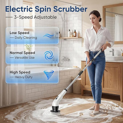 Electric Spin Scrubber, Cordless Power Scrubber for Bathroom/Shower/Tub/Tile & Grout, 9 Brush Heads, Dual-Speed, Adjustable Extension Handle, IPX7 Waterproof, USB-C Rechargeable Cleaning Tool (White)