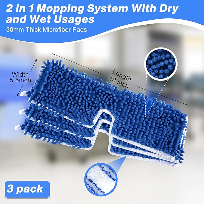 3 Pack Mop Heads Replacements Compatible with O-Cedar Dual-Action Flip Mop, Double-Sided Microfiber Chenille Mop Refills for Dry Wet Use, Washable Reusable Floor Cleaning Pads