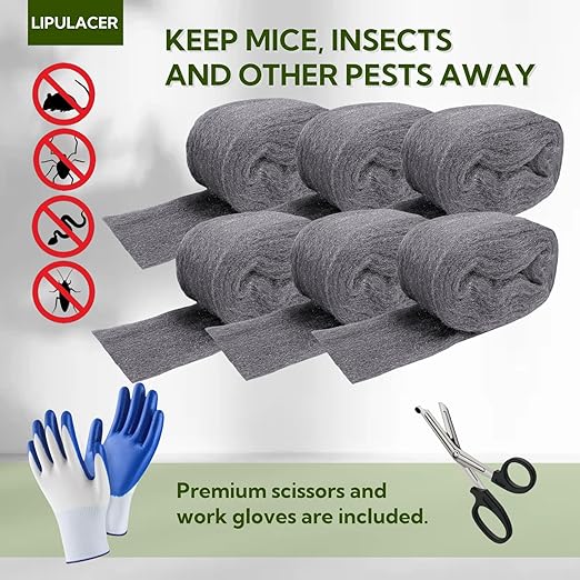 Steel Wool Mice Control - 6 Pack 3'' x 11Ft Wool - Steel Wool Wire Wool Rats Included Work Gloves & Scissors - Wall Hole Gap Filler Kit for Home & Garage
