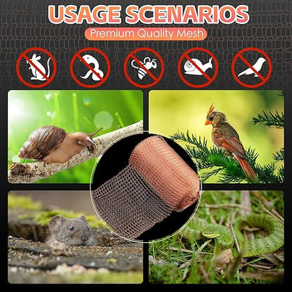 Copper Mesh Rodent Control Kit - 5 in x 105 ft Copper Mesh Roll, Rust Proof Wire Mesh, DIY Mice Defensive Mesh for Pest Bat Bird Snail and Rodent Control