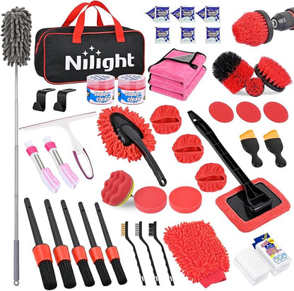 Nilight 52PCS Car Detailing Kit Auto Cleaning Tools Wash Set with Storage Carry Bag Home Use for Interior Exterior Deep Clean Polish Car Care Windshield Dashboard Seat Air Vents Wheels Tires, Red