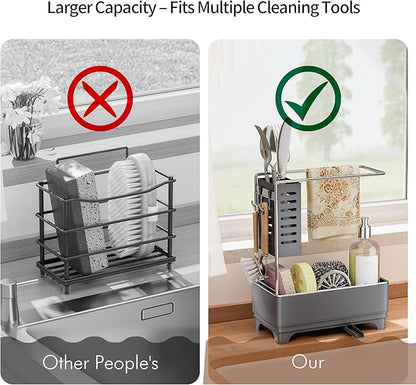 MOUKABAL Sponge Holder for Kitchen Sink, 2-Tier Sink Caddy Organizer with Drain Holes and Hooks, Holds Dishcloth, Sponge & Brushes, Kitchen Countertop Storage for New Home Essentials Grey