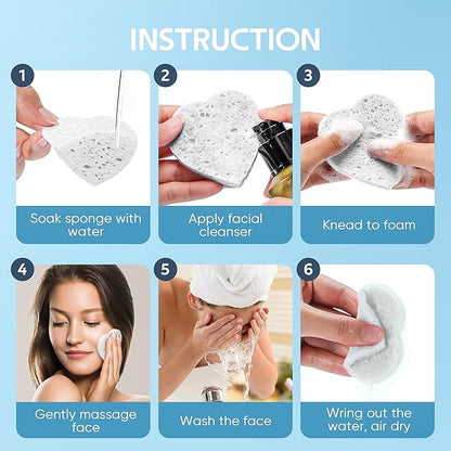GAINWELL 50-Count Heart Shape Compressed Facial Sponges for Daily Facial Cleansing and Exfoliating, 100％ Natural Cosmetic Spa Sponges for Makeup Remover, White
