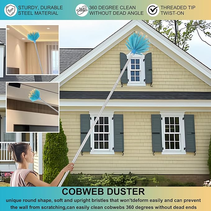 Cobweb Duster with Extension Pole，Medium Stiff Bristles Cobweb Duster Head ，Adjustable from 28 to 56 inches Long Duster for High Ceilings, Suitable for Ceilings, Walls, Indoor Outdoor Environments
