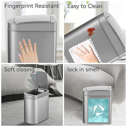 Ninestars Automatic Motion Sensor Bathroom Trash Can, 1.8 Gallon Smart Opening Garbage Bin for Bathroom, Bedroom, Kitchen, Office 7 Liter Compact Stainless Steel