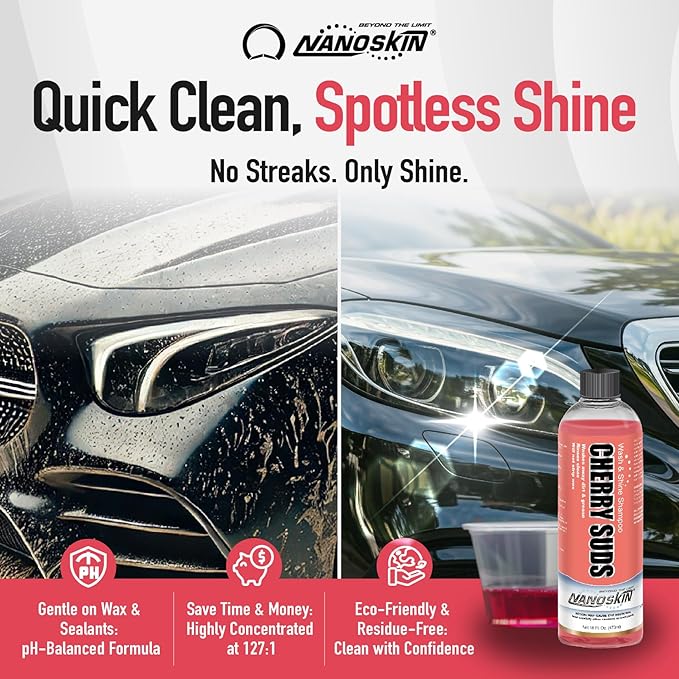 Nanoskin CHERRY SUDS Foaming Car Wash Shampoo 55 Gallons- Works with Foam Cannon, Foam Gun, Bucket Washes, Car Soap for Pressure Washer | Safe for Cars Trucks, Motorcycles, RVs & More | Cherry Scented