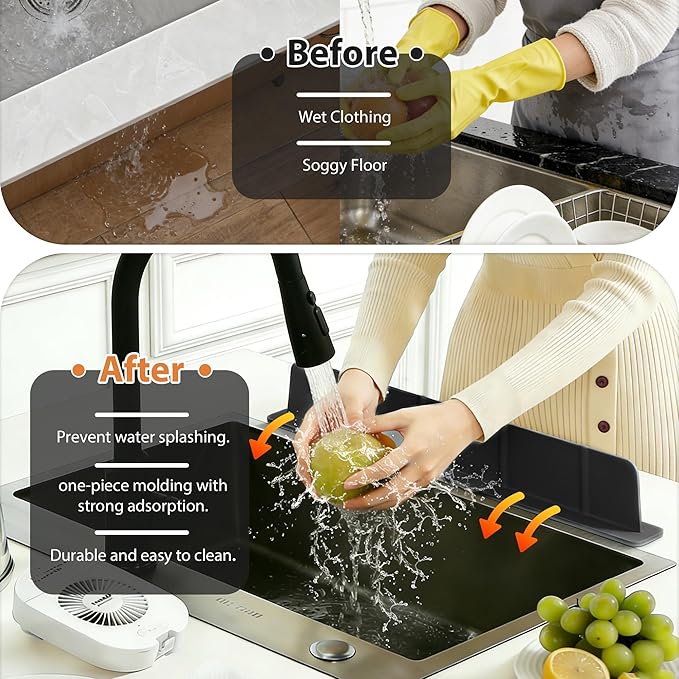 20Inch Silicone Sink Splash Guard with Strong Suction Cups, Flexible Kitchen Sink Splash Guard for Front of Sink, Easy to Clean Splash Guard for Kitchen & Bathroom (Black, 20.5''x2.8'')