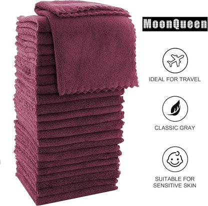 MOONQUEEN Ultra Soft Premium Washcloths Set - 12 x 12 inches - 24 Pack - Quick Drying - Highly Absorbent Coral Velvet Bathroom Wash Clothes - Use as Bath, Spa, Facial, Fingertip Towel (Burgundy)