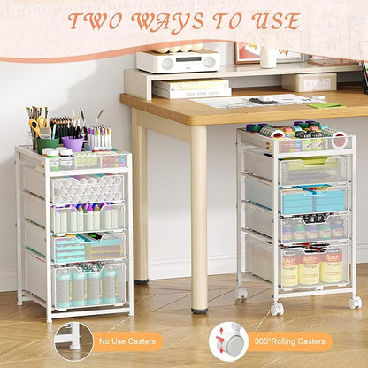 Rolling Utility Cart with 4 Drawers, Craft Organizer and Storage Carts with DIY Divider, Lockable Wheels Storage Organizer for Art Supplies, Store for Brushes & Paints & Artifacts, White