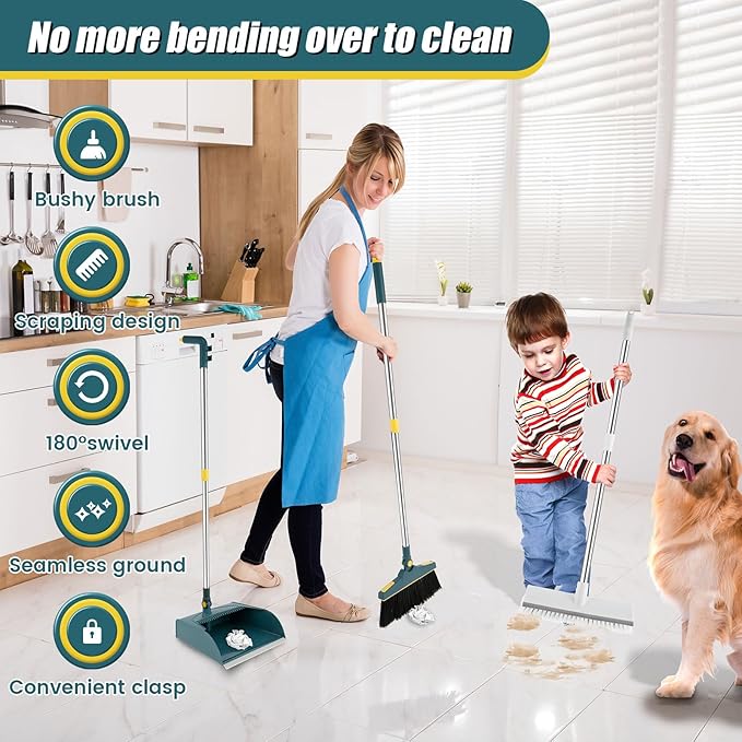 4Pcs Broom and Dustpan Set with Floor Squeegee Rectangular Brush Retractable Upright Broom Dustpan Squeegee Rectangular Brush Combo Set with Long Stainless Steel Handle for Living Room Kitchen Office