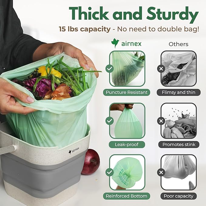 AIRNEX Small Compost Bags 1.6 Gal - 100 Compostable Kitchen Trash Bags for Countertop Bin - Cornstarch Leakproof & Tear-Resistant - OK Compost Home & Seedling Certified 0.18 mm Kitchen Garbage Bags