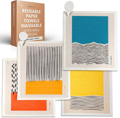 MAISONOVO Swedish Dishcloths- Reusable Paper Towels - Swedish Dishcloths for Kitchen Abstract Pack of 4 - Reusable Paper Towels Washable Kitchen Cleaning Cloths