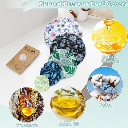 5-Size Reusable Beeswax Bowl Covers for Bread Proofing, Cotton Cloth Flexible Beeswax Wraps for Food Storage(Iris Floral)