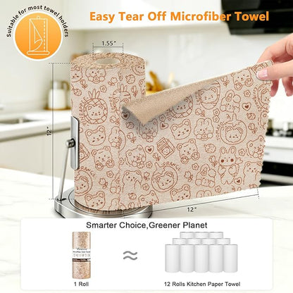 Microfiber Cleaning Cloth Roll, 50 Tear-Away Sheets, Reusable & Washable, Lint-Free, Non-Scratch Super Absorbent Rags for Kitchen, Home, Windows & Screens, Cute Brown Bear Pattern, 12x12 in