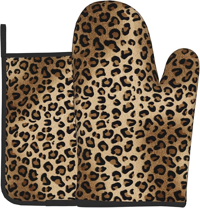 Leopard Print Oven Mitts - Brown Oven Mitts and Pot Holders Sets of 2 Animal Print Kitchen Mitts Hot Pads for Baking Grilling