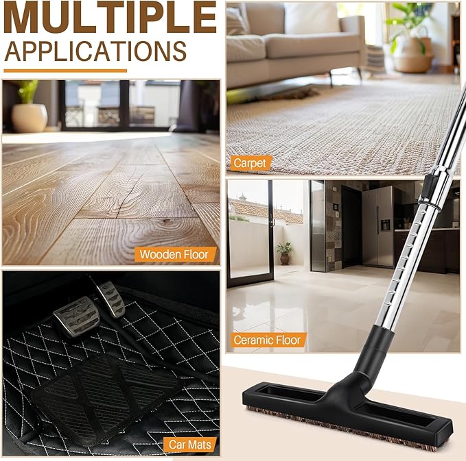 Universal Vacuum Extension Wand Kit with 14" Horsehair Floor Brush & 1.25'' Adapter, Adjustable Vacuum Floor Brush & Extension Wand Compatible with Shark Vacuums Attachments