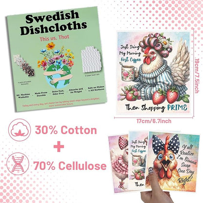 Funny Chicken Swedish Dishcloths for Kitchen, 6PCS Cellulose Sponge Reusable Paper Towels Washable, Cute Absorbent Fast Drying Swedish Dish Cloth for Home Cleaning