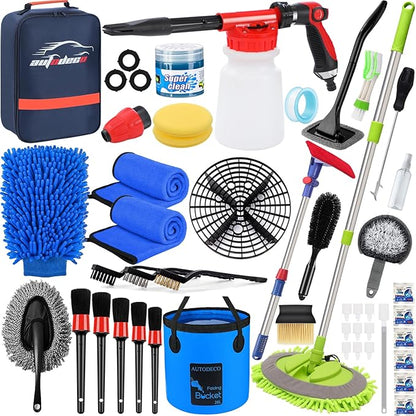 44Pcs Car Wash Detailing Kit Cleaning Kits with Foam Gun Sprayer Wash Mop with Long Handle Collapsible Bucket Large Wash Mitt Towels Complete Interior Exterior Car Washing Supply Set Blue