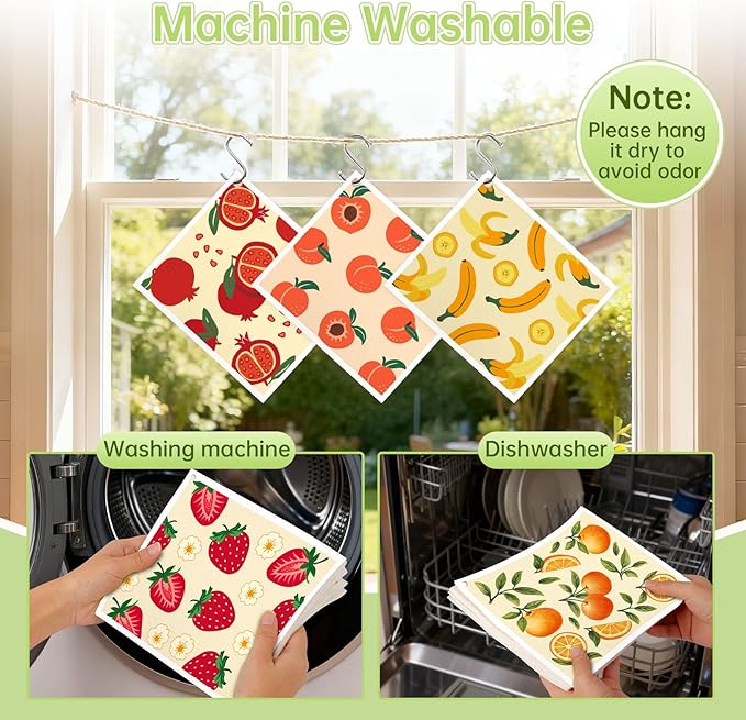 Swedish Dishcloths for Kitchen, 5 Pack Fruit Reusable Paper Towels with 3 Hooks, Washable Dish Cloth Set, Absorbent Cleaning Cloths for Home Washing Dishes Housewarming Gifts for Friend