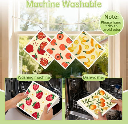 Swedish Dishcloths for Kitchen, 5 Pack Fruit Reusable Paper Towels with 3 Hooks, Washable Dish Cloth Set, Absorbent Cleaning Cloths for Home Washing Dishes Housewarming Gifts for Friend