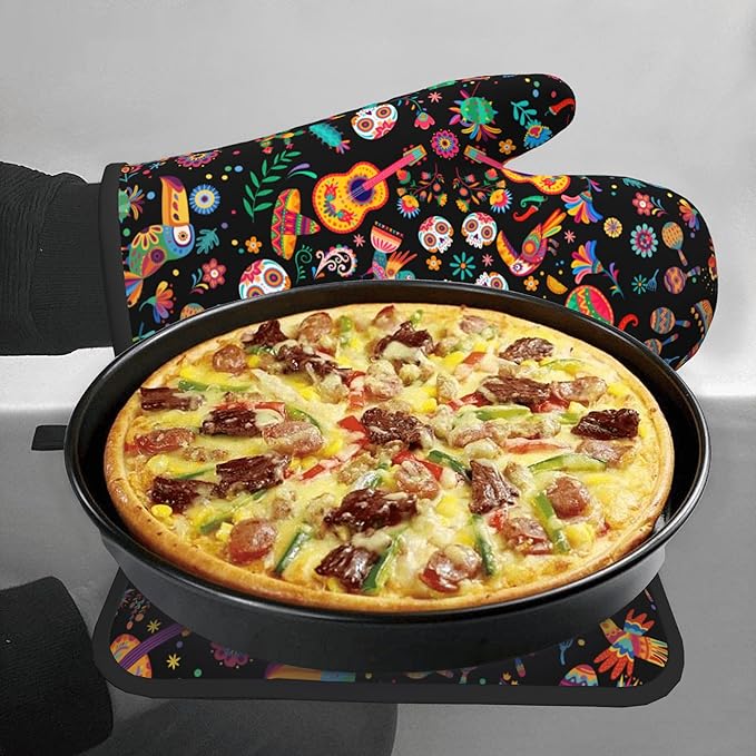 Mexican Oven Mitt Potholders Sets - Mexico Kitchen Mitts and Pot Holders Set of 2 Floral Skull Oven Gloves Hot Pads for Cooking Baking Grilling