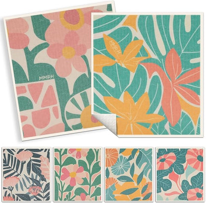 6 Pack Swedish Dishcloths for Kitchen, Reusable Soft Kitchen Towels Dish Cloths Set Absorbent Sponge Cleaning Washable Quick Drying Bar Hand Washing, Flower