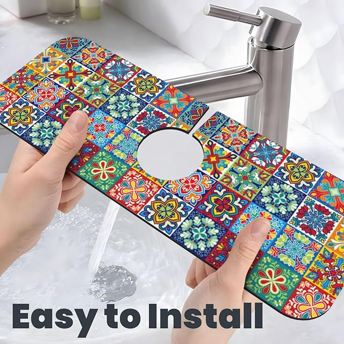 Talavera Mexican Ceramic Tile Floral Kitchen Sink Splash Guard Faucet Mat Super Absorbent Fast Drying Mat Sink Gadgets-Fast Drying Pad Sink Mat For Kitchen Bathroom (15" X 5.5" )