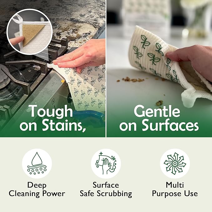 Swedish Dishcloths with Scouring Corner (4 Pack) – Reusable Paper Towel Alternative | Machine Washable Cellulose Sponge Cloths | Eco-Friendly, Biodegradable Kitchen Cleaning Cloths | OEKO-TEX Cert